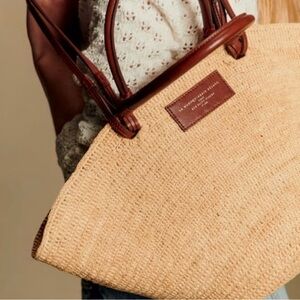iso sezane Natural Woven Tote with Brown Leather Handles